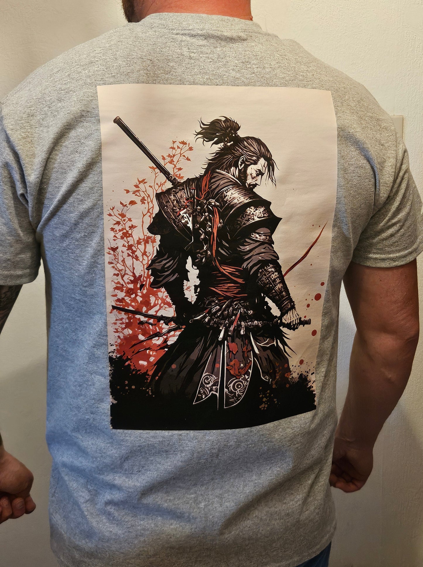 Samurai Print on Light Grey T-Shirt. High quality cotton Tees