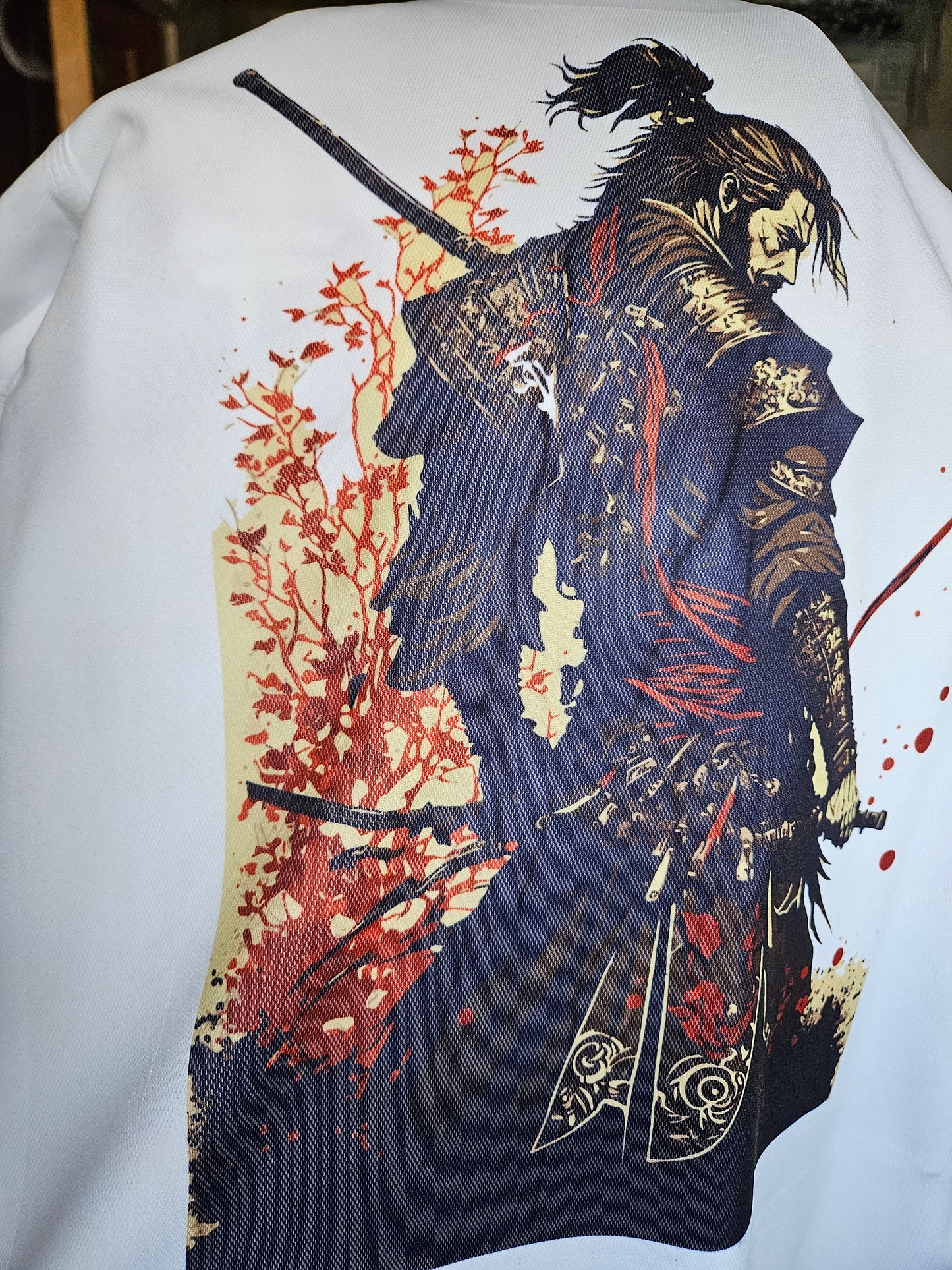Samurai Graphic on White T-Shirt. High quality Sport Aircool Tees