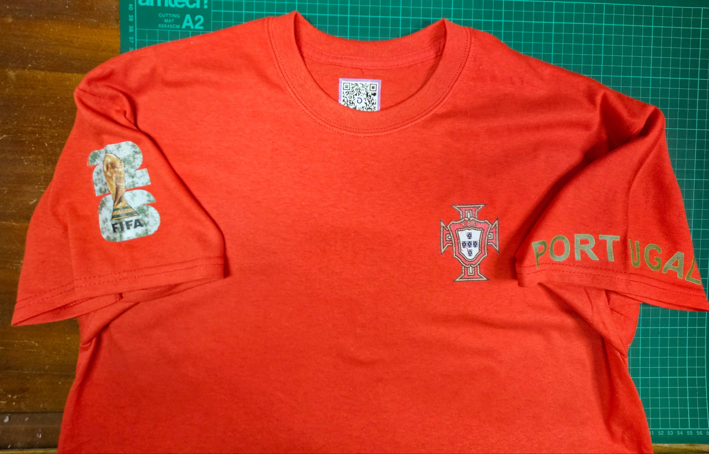 Portuguese World Cup Football on Red T-Shirt. High quality cotton Tees