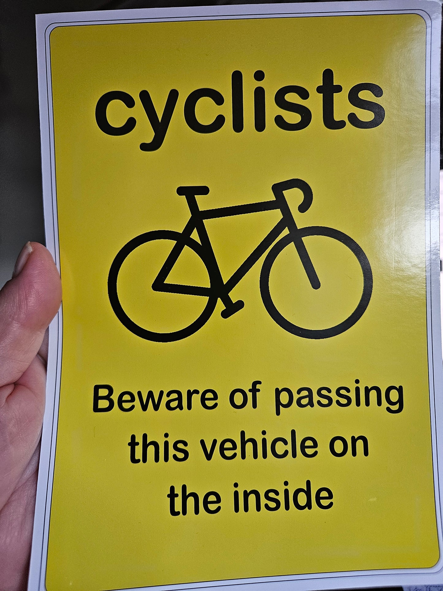 Cyclist Beware of HGV Stickers / Signs on White Vinyl for Bumpers of vehicles