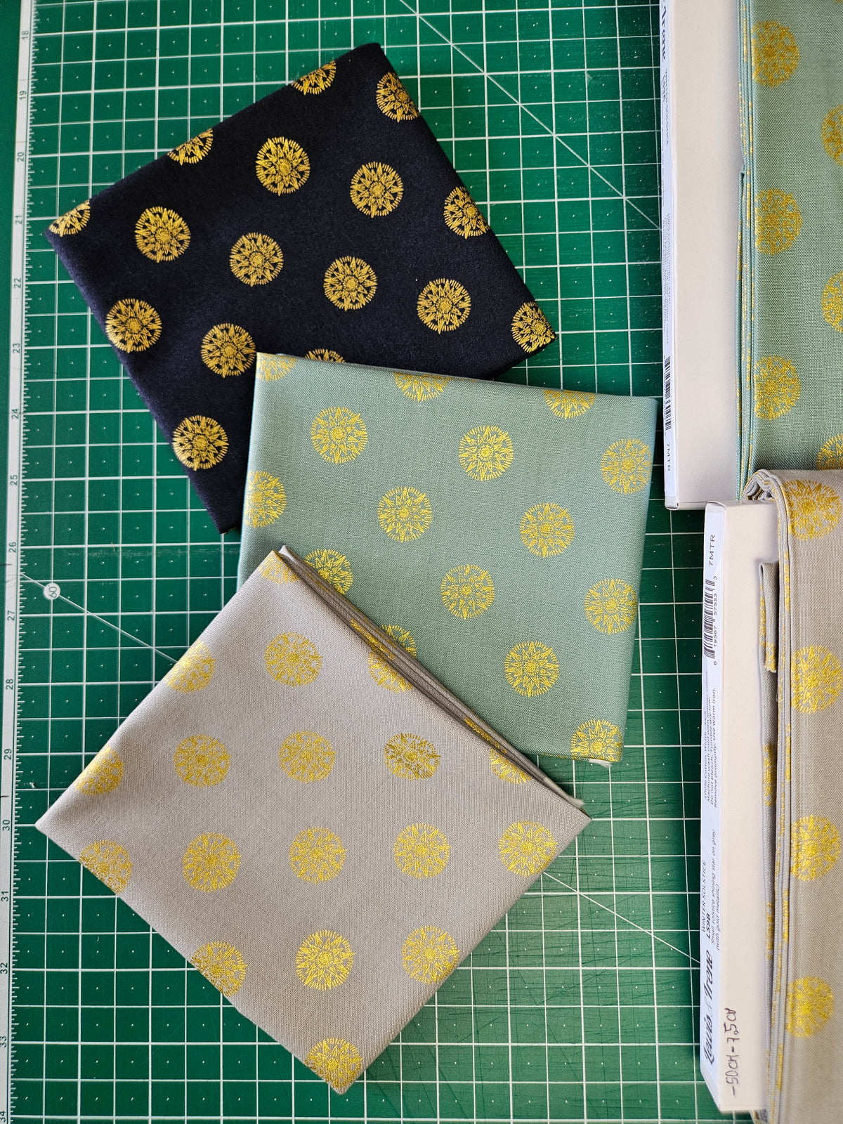 Winter solstice sun star on midnight blue (with gold metallic) Fabric Collection by Lewis & Irene