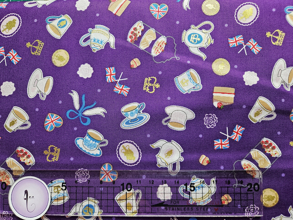 Tea party on purple with gold metallic Coronation Day - Fabric Collection by Lewis & Irene