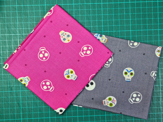 Sugar Skulls on Bright Pink and Grey. Glows in the dark. Fabrics by Lewis & Irene