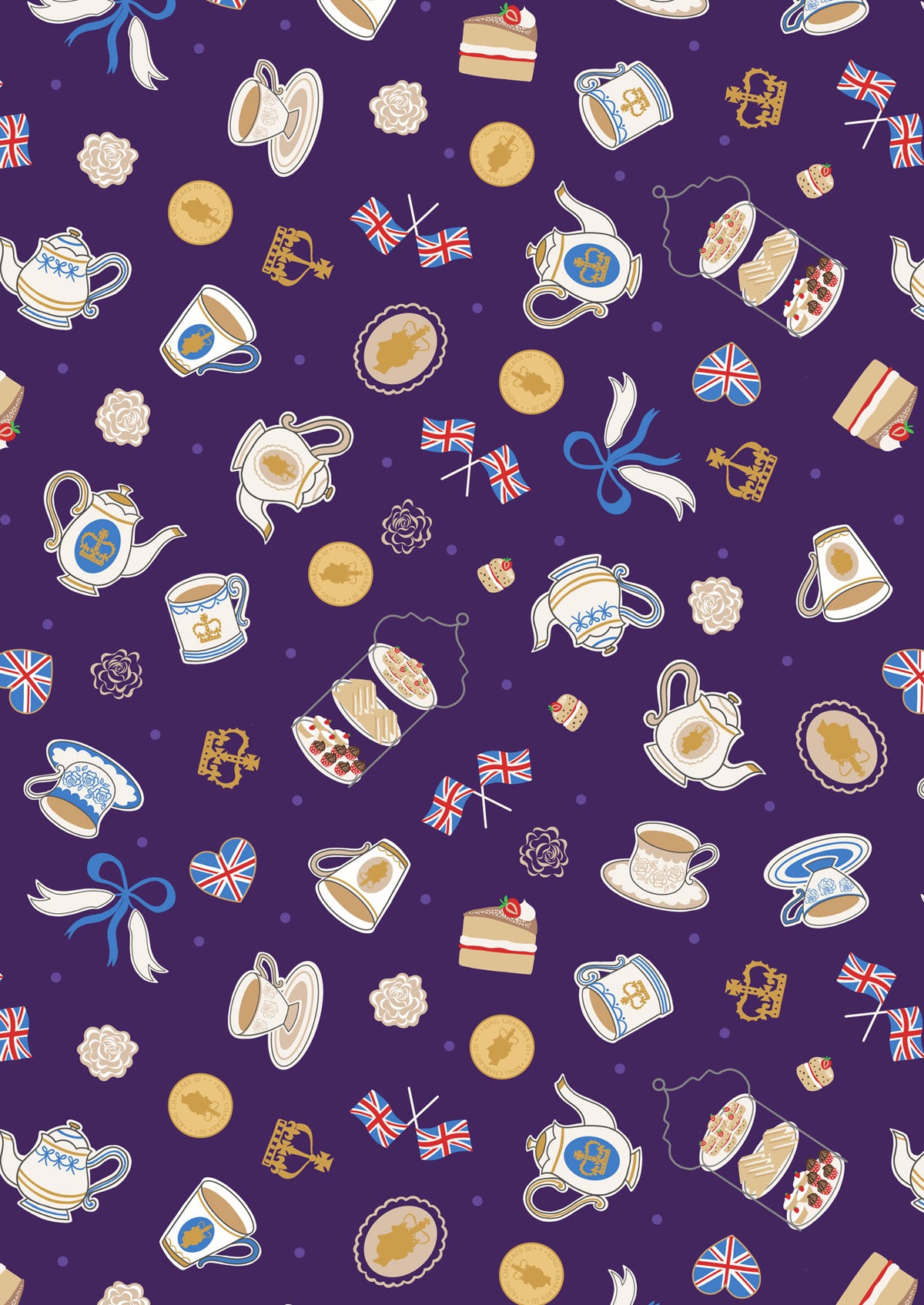 Tea party on purple with gold metallic Coronation Day - Fabric Collection by Lewis & Irene