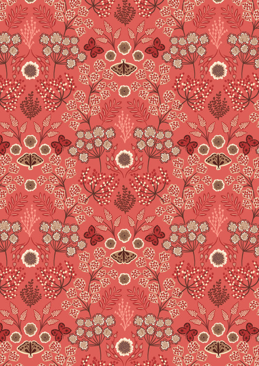 Jardin d'Automne - Large floral butterfly on autumnal red by Lewis & Irene - by Length & Fat Quarter