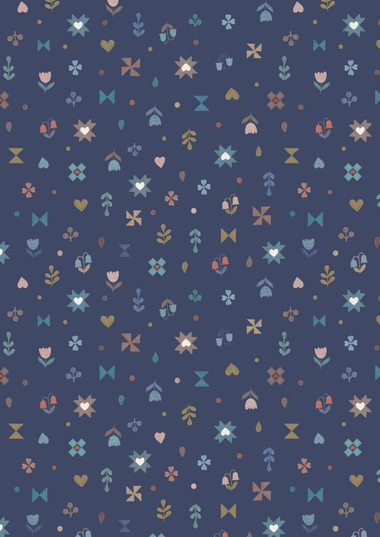 Pre-Order - Small cosy home hearts and flowers on dark blue - Fabric Collection by Lewis & Irene - Due in November