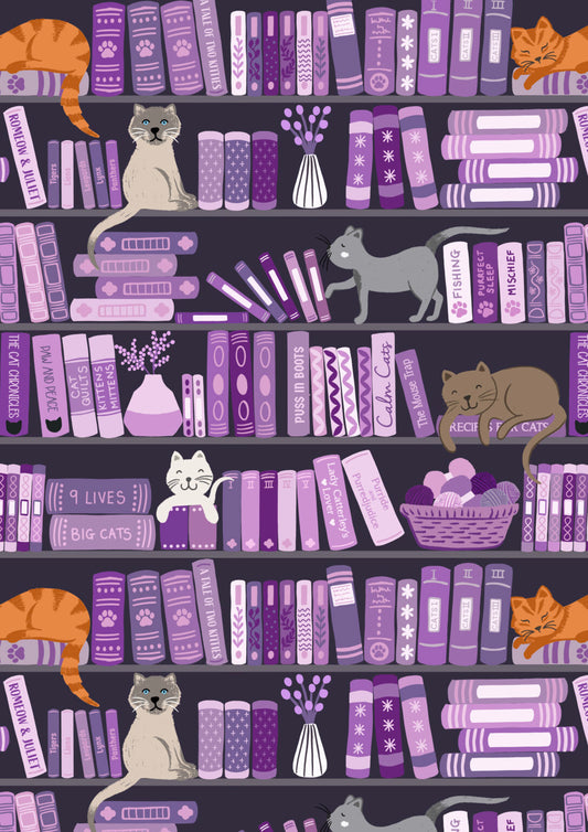 The Purrfect Book Club - Book shelves and cats purples - Collection by Lewis & Irene