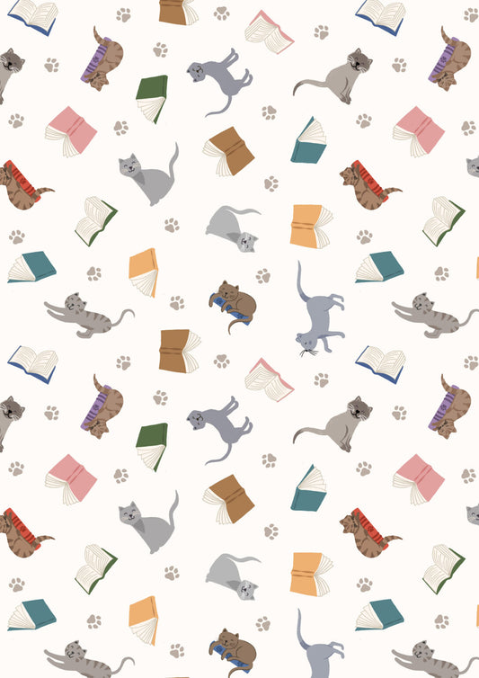 The Purrfect Book Club - Scattered cats and books on cream - Collection by Lewis & Irene