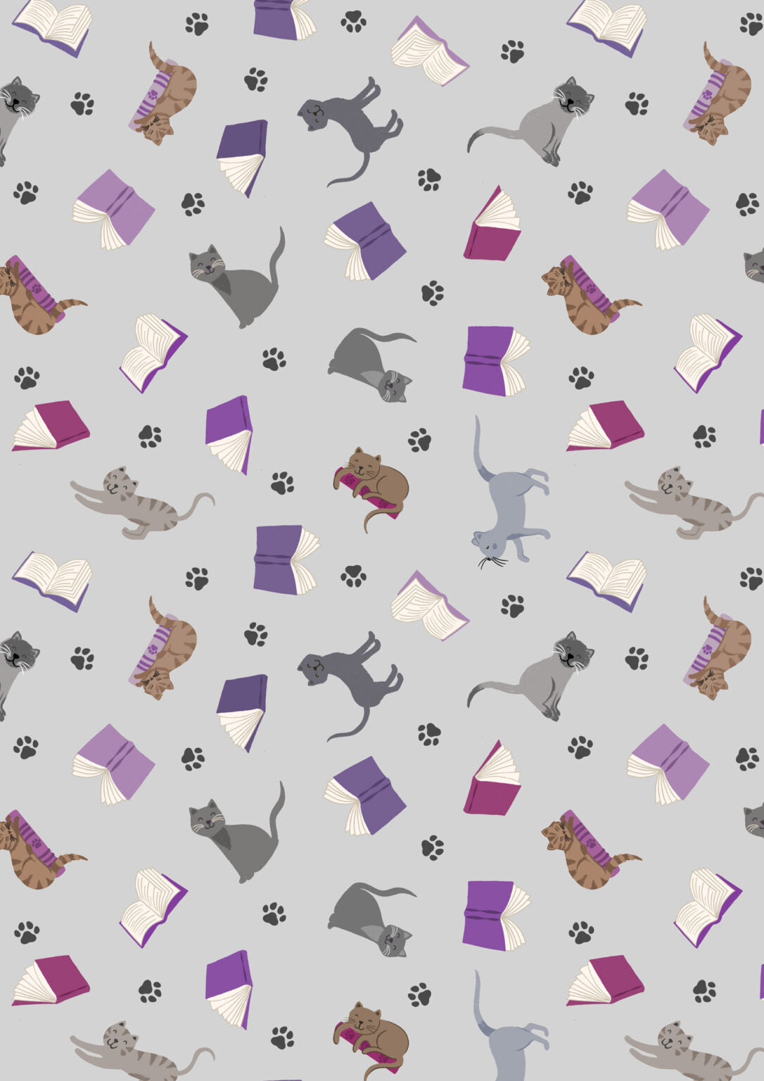 The Purrfect Book Club - Scattered cats and books on grey - Collection by Lewis & Irene