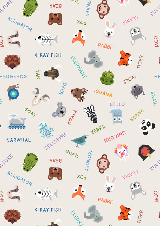 Animals Alphabet -Animal names on cream - Fabric Collection by Lewis & Irene by Length & Fat