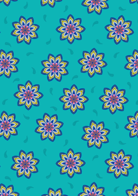Sambramha by John Scott - Celebration flower turquoise - Lewis & Irene - by Length & Fat Quarter