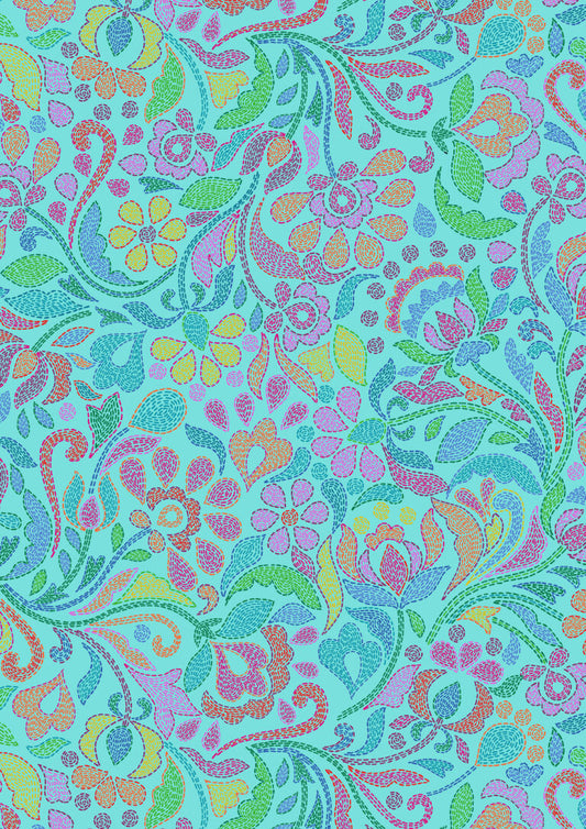 Sambramha by John Scott -Stitches on Turquoise - Lewis & Irene - by Length & Fat Quarter