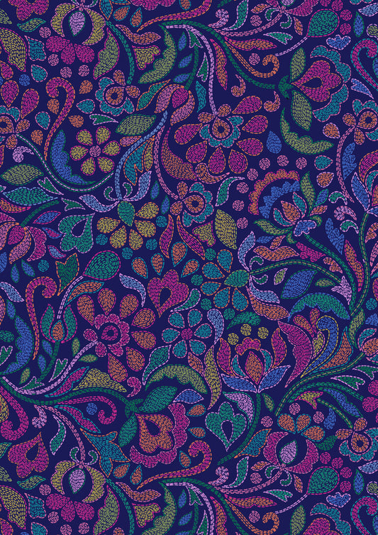 Sambramha by John Scott -Stitches on Dark Blue - Lewis & Irene - by Length & Fat Quarter