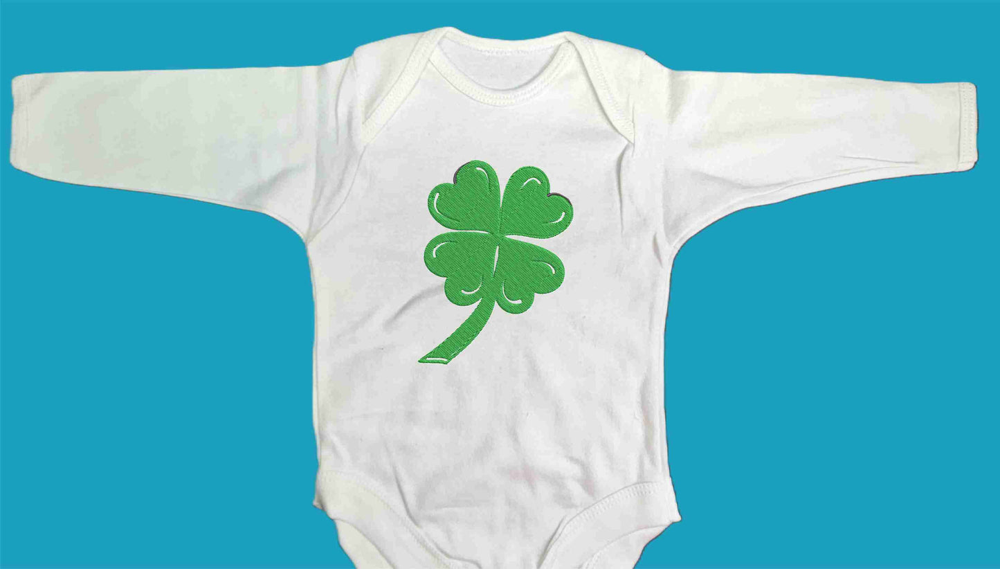 St Patrick's Day Shamrock Embroidered on Baby Bodysuit - Design Embroidered on Organic Cotton Long and Short Sleeve Baby Bodysuit. Comfortable and soft.