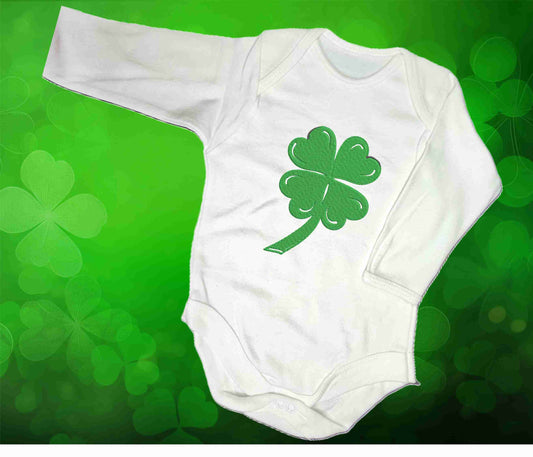 St Patrick's Day Shamrock Embroidered on Baby Bodysuit - Design Embroidered on Organic Cotton Long and Short Sleeve Baby Bodysuit. Comfortable and soft.