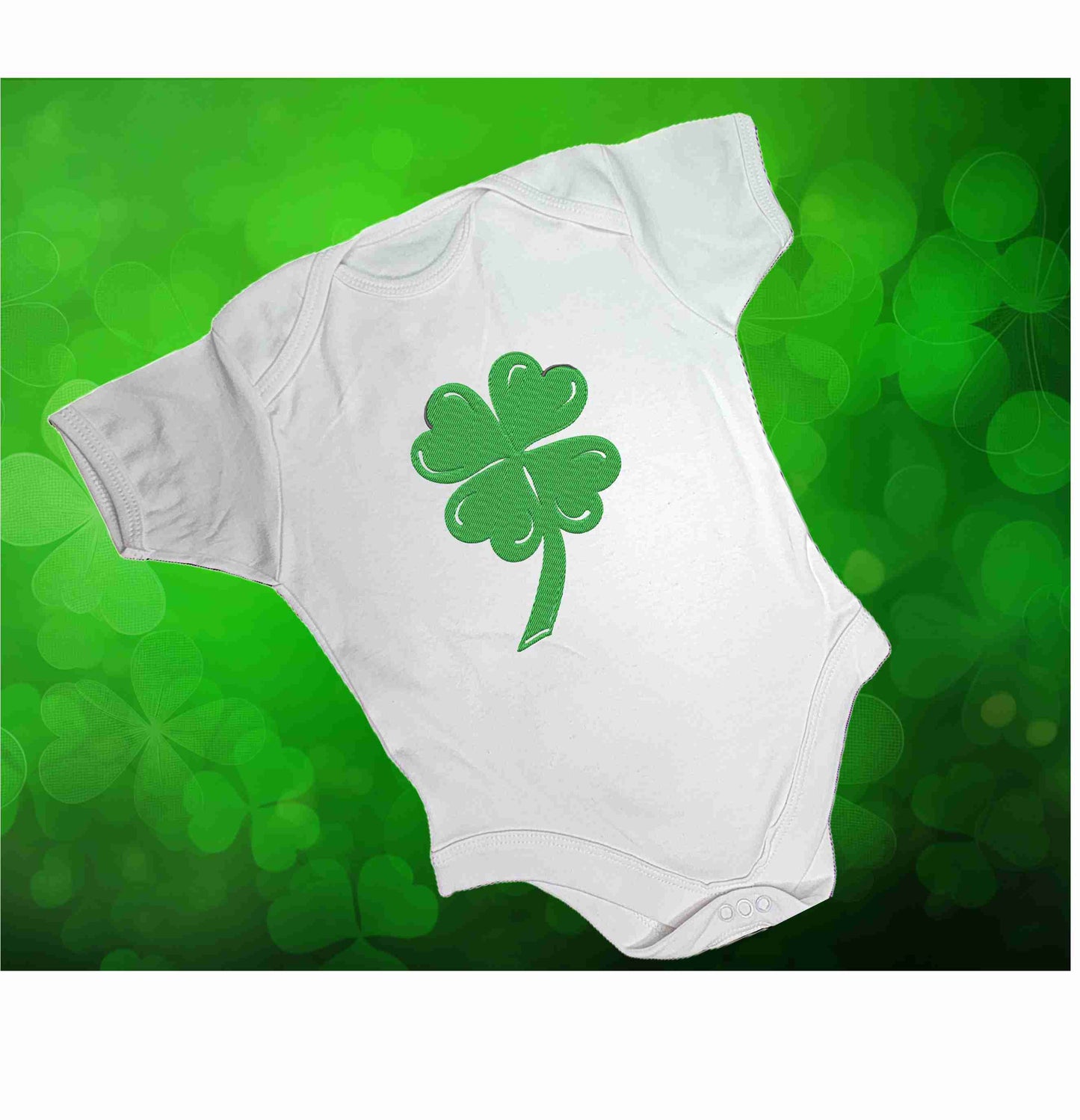 St Patrick's Day Shamrock Embroidered on Baby Bodysuit - Design Embroidered on Organic Cotton Long and Short Sleeve Baby Bodysuit. Comfortable and soft.