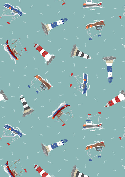 Small Things Coastal - Boats and Lighthouses on Sea Green Fabric Collection by Lewis & Irene by Length & Fat Quarter