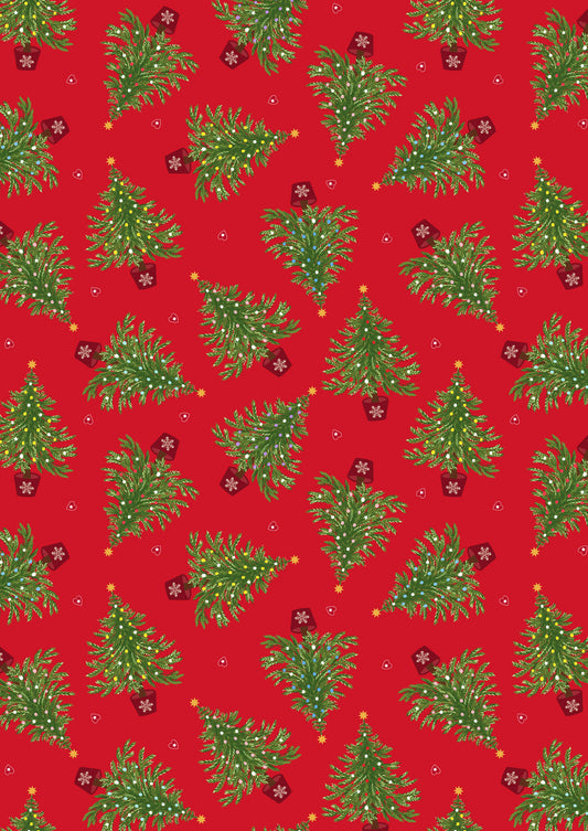 Oh Christmas Tree on Red with gold elements Fabric collection by Lewis & Irene