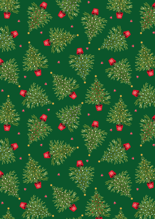 Oh Christmas Tree on green with gold elements Fabric collection by Lewis & Irene