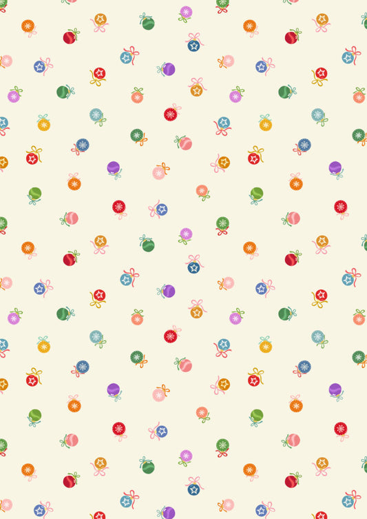 Oh Christmas Tree Baubles on cream (with gold metallic) Fabric collection by Lewis & Irene