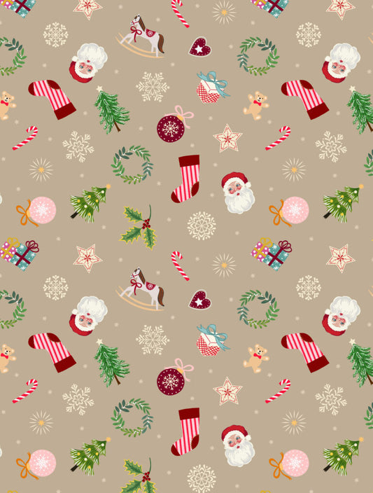 Oh Christmas Tree Little festive things on Natural (with gold metallic) Fabric collection by Lewis & Irene