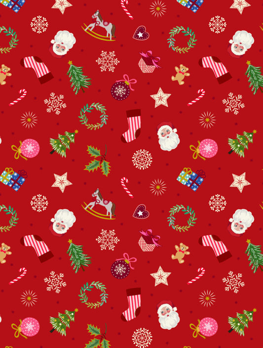 Oh Christmas Tree Little festive things on Red (with gold metallic) Fabric collection by Lewis & Irene