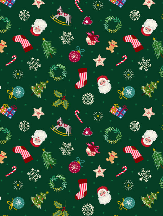 Oh Christmas Tree Little festive things on Green (with gold metallic) Fabric collection by Lewis & Irene