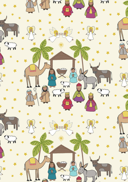 Away in a Manger Nativity scene on Cream with Gold metallic by Lewis & Irene - by Length & Fat Quarters