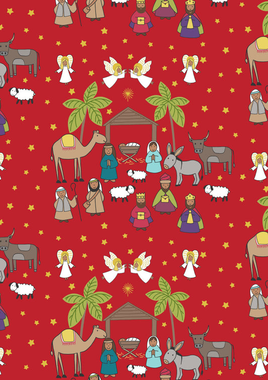 Away in a Manger Nativity scene on Red with gold metallic by Lewis & Irene - by Length & Fat Quarters