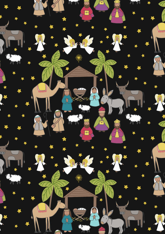 Away in a Manger - Nativity scene on Black with Gold metallic by Lewis & Irene - by Length & Fat Quarters
