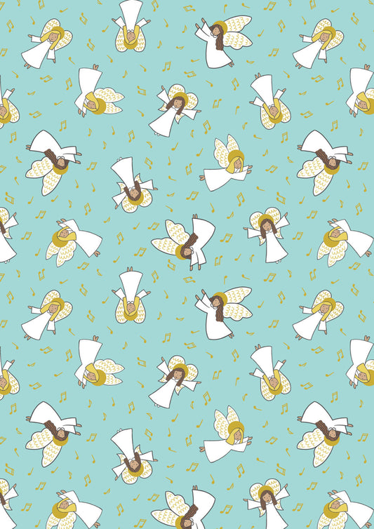 Away in a Manger - Angels on Celestial Blue with Gold metallic by Lewis & Irene - by Length & Fat Quarters
