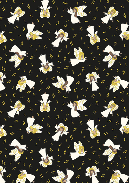 Away in a Manger - Angels on Black with Gold metallic by Lewis & Irene - by Length & Fat Quarters