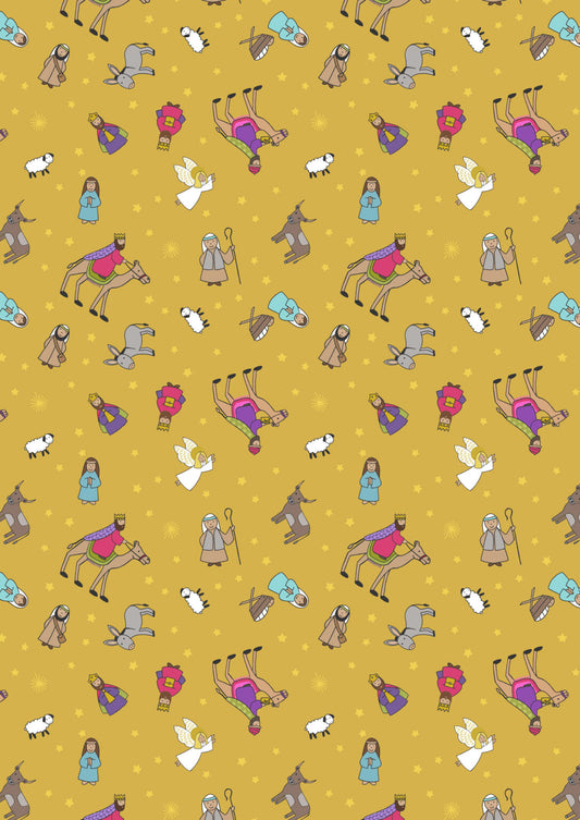 Away in a Manger - Nativity characters on Gold with gold metallic by Lewis & Irene - by Length & Fat Quarters