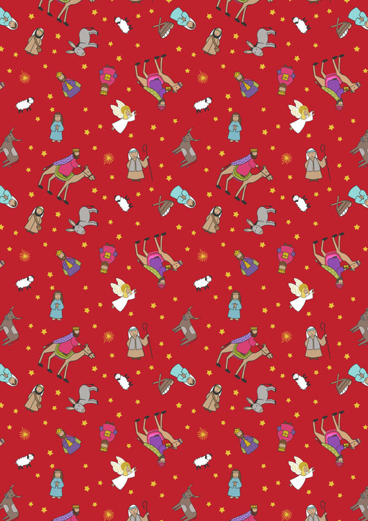 Away in a Manger - Nativity characters on Red with gold metallic by Lewis & Irene - by Length & Fat Quarters