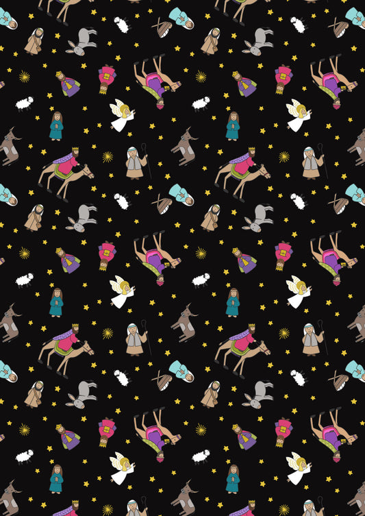 Away in a Manger - Nativity characters on Black with gold metallic by Lewis & Irene - by Length & Fat Quarters