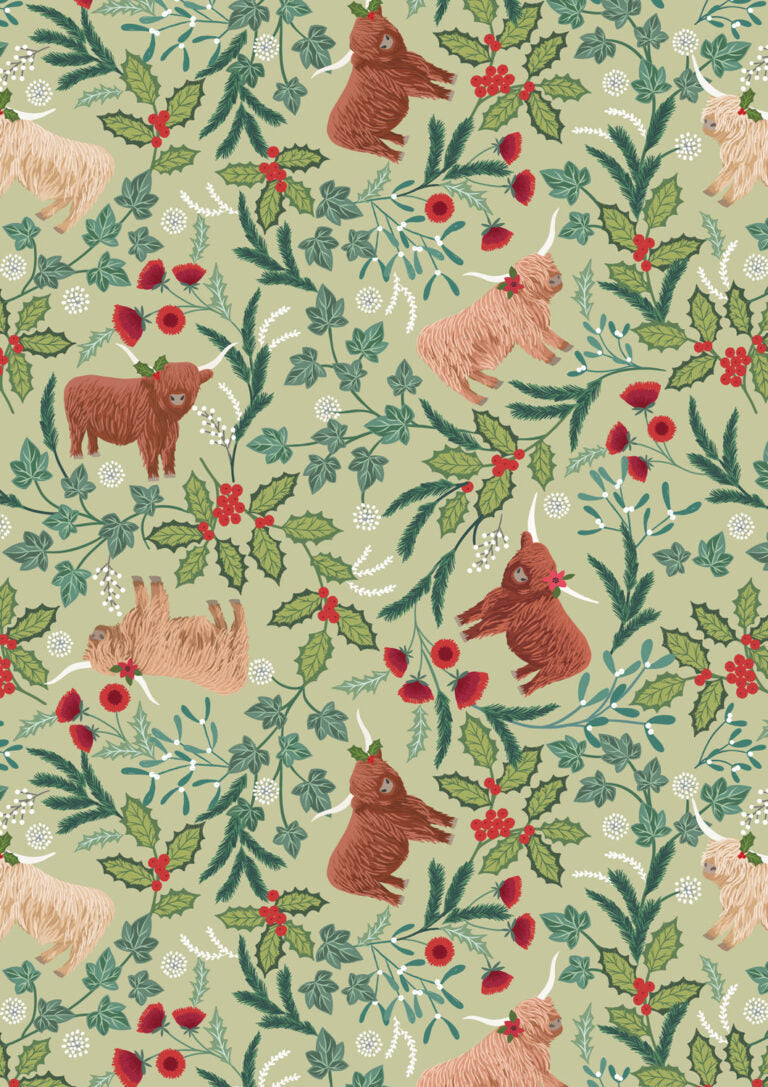 PRE-ORDER - Highlands on festive sage - Celtic Christmas Fabric collection by Lewis & Irene - AVAILABLE END OF JUNE APPROX.