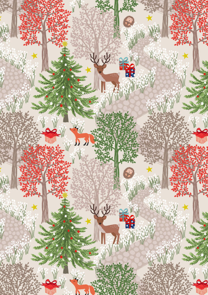 PRE-ORDER - Christmas in bluebell wood cream (with gold metallic) - Christmas in Bluebell Wood Fabric collection for Lewis & Irene - AVAILABLE END OF JUNE APPROX.