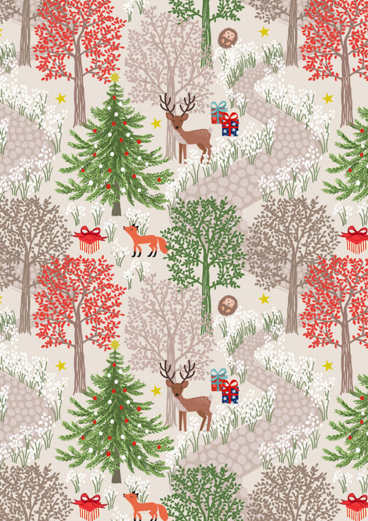 PRE-ORDER - Christmas in bluebell wood cream (with gold metallic) - Christmas in Bluebell Wood Fabric collection for Lewis & Irene - AVAILABLE END OF JUNE APPROX.