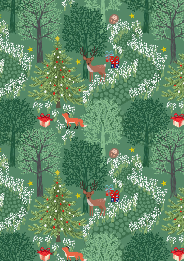 PRE-ORDER - Christmas in bluebell wood green (with gold metallic) - Christmas in Bluebell Wood Fabric collection for Lewis & Irene - AVAILABLE END OF JUNE APPROX.