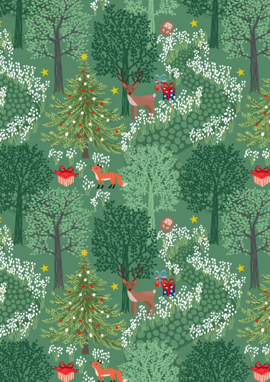 PRE-ORDER - Christmas in bluebell wood green (with gold metallic) - Christmas in Bluebell Wood Fabric collection for Lewis & Irene - AVAILABLE END OF JUNE APPROX.