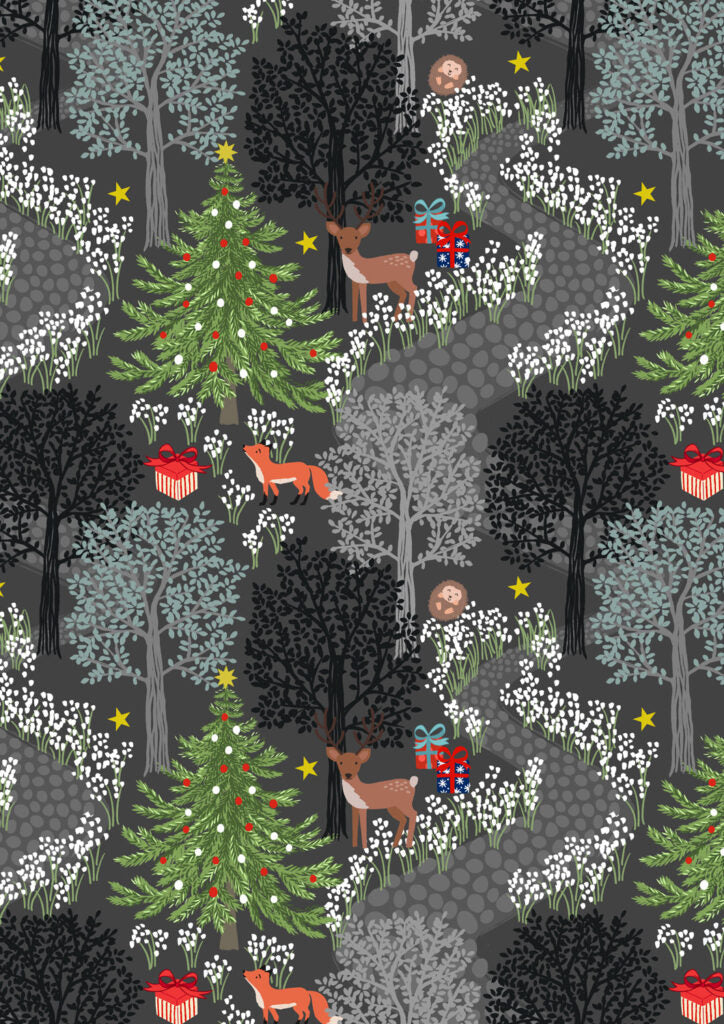 PRE-ORDER - Christmas in bluebell wood night time (with gold metallic) - Christmas in Bluebell Wood Fabric collection for Lewis & Irene - AVAILABLE END OF JUNE APPROX.