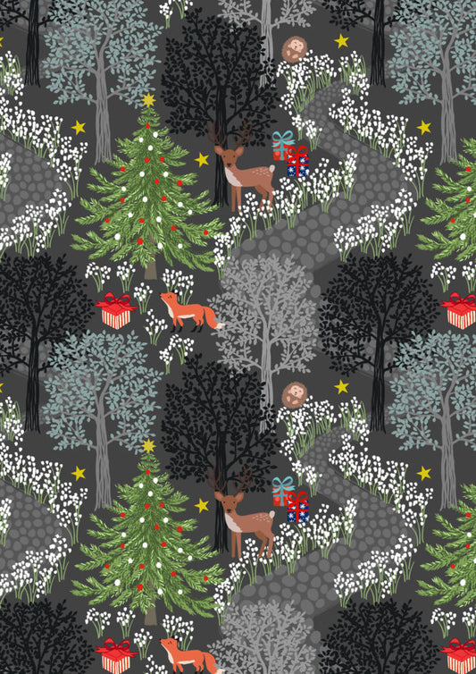 PRE-ORDER - Christmas in bluebell wood night time (with gold metallic) - Christmas in Bluebell Wood Fabric collection for Lewis & Irene - AVAILABLE END OF JUNE APPROX.