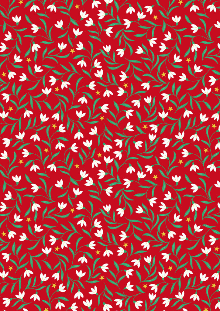 PRE-ORDER - Snowdrops on red (with gold metallic)  - Christmas in Bluebell Wood Fabric collection for Lewis & Irene - AVAILABLE END OF JUNE APPROX.