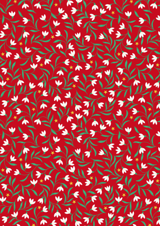 PRE-ORDER - Snowdrops on red (with gold metallic)  - Christmas in Bluebell Wood Fabric collection for Lewis & Irene - AVAILABLE END OF JUNE APPROX.