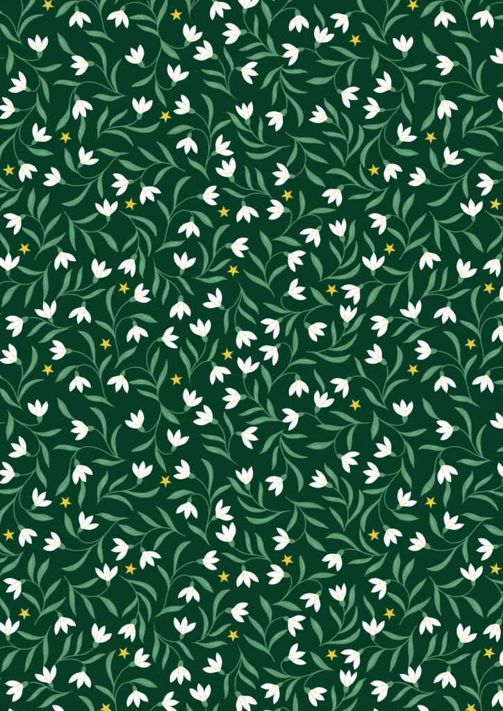 PRE-ORDER - Snowdrops on christmas green (with gold metallic)   - Christmas in Bluebell Wood Fabric collection for Lewis & Irene - AVAILABLE END OF JUNE APPROX.