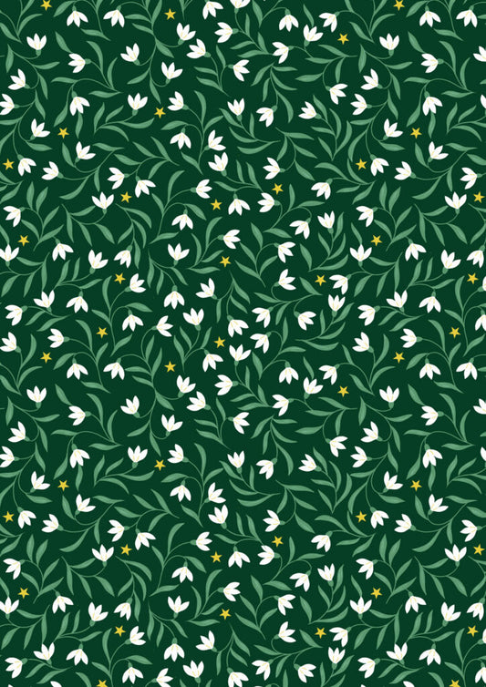 PRE-ORDER - Snowdrops on christmas green (with gold metallic)   - Christmas in Bluebell Wood Fabric collection for Lewis & Irene - AVAILABLE END OF JUNE APPROX.