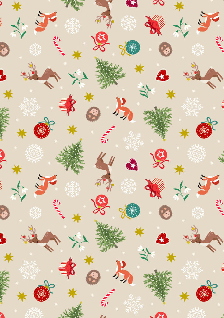 PRE-ORDER - Scattered festive on cream (with gold metallic) - Christmas in Bluebell Wood Fabric collection for Lewis & Irene - AVAILABLE END OF JUNE APPROX.
