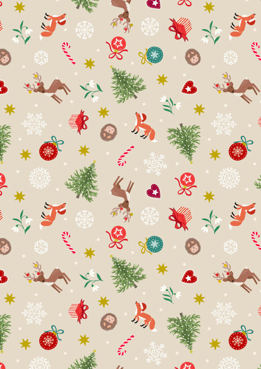 PRE-ORDER - Scattered festive on cream (with gold metallic) - Christmas in Bluebell Wood Fabric collection for Lewis & Irene - AVAILABLE END OF JUNE APPROX.