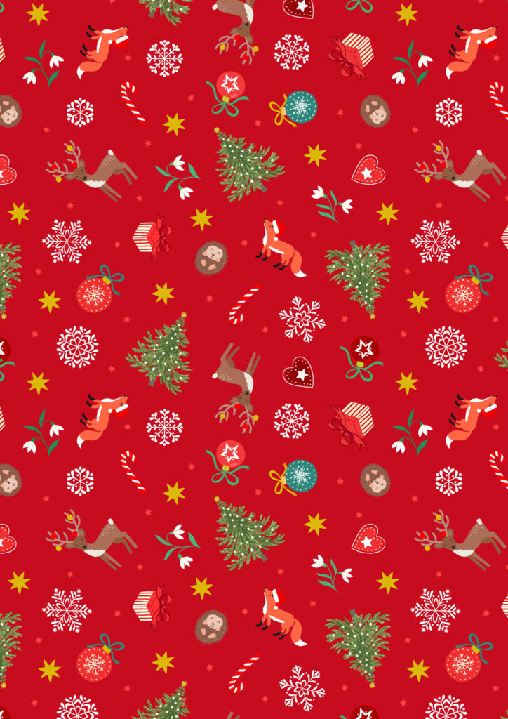 PRE-ORDER - Scattered festive on red (with gold metallic) - Christmas in Bluebell Wood Fabric collection for Lewis & Irene - AVAILABLE END OF JUNE APPROX.