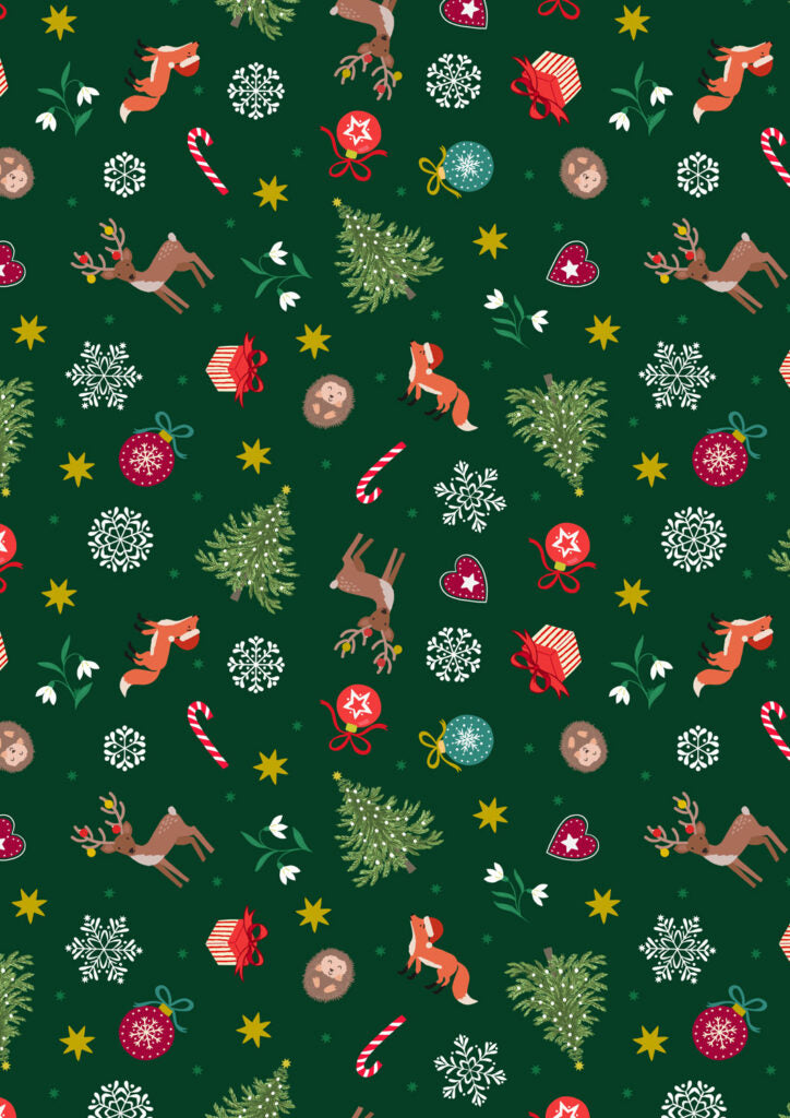 PRE-ORDER - Scattered festive on green (with gold metallic) - Christmas in Bluebell Wood Fabric collection for Lewis & Irene - AVAILABLE END OF JUNE APPROX.